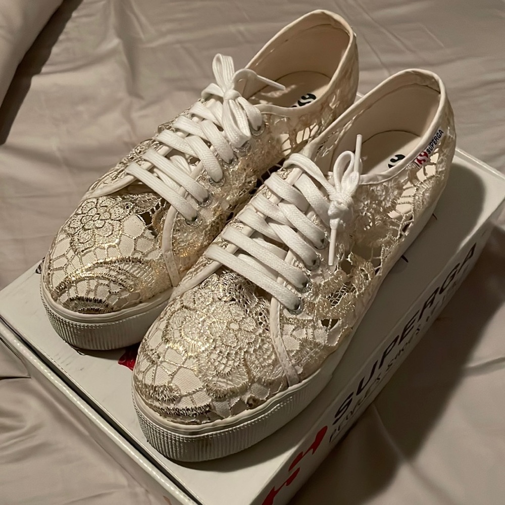 Size 41.5 Superga gold macramé sneakers